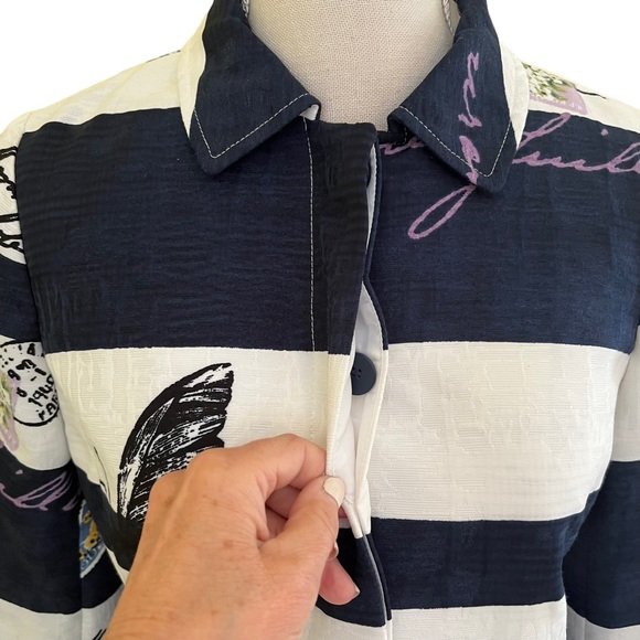 Chico's Navy Blue and White Striped Postcard Jacket 00(2) - Picture 4 of 14